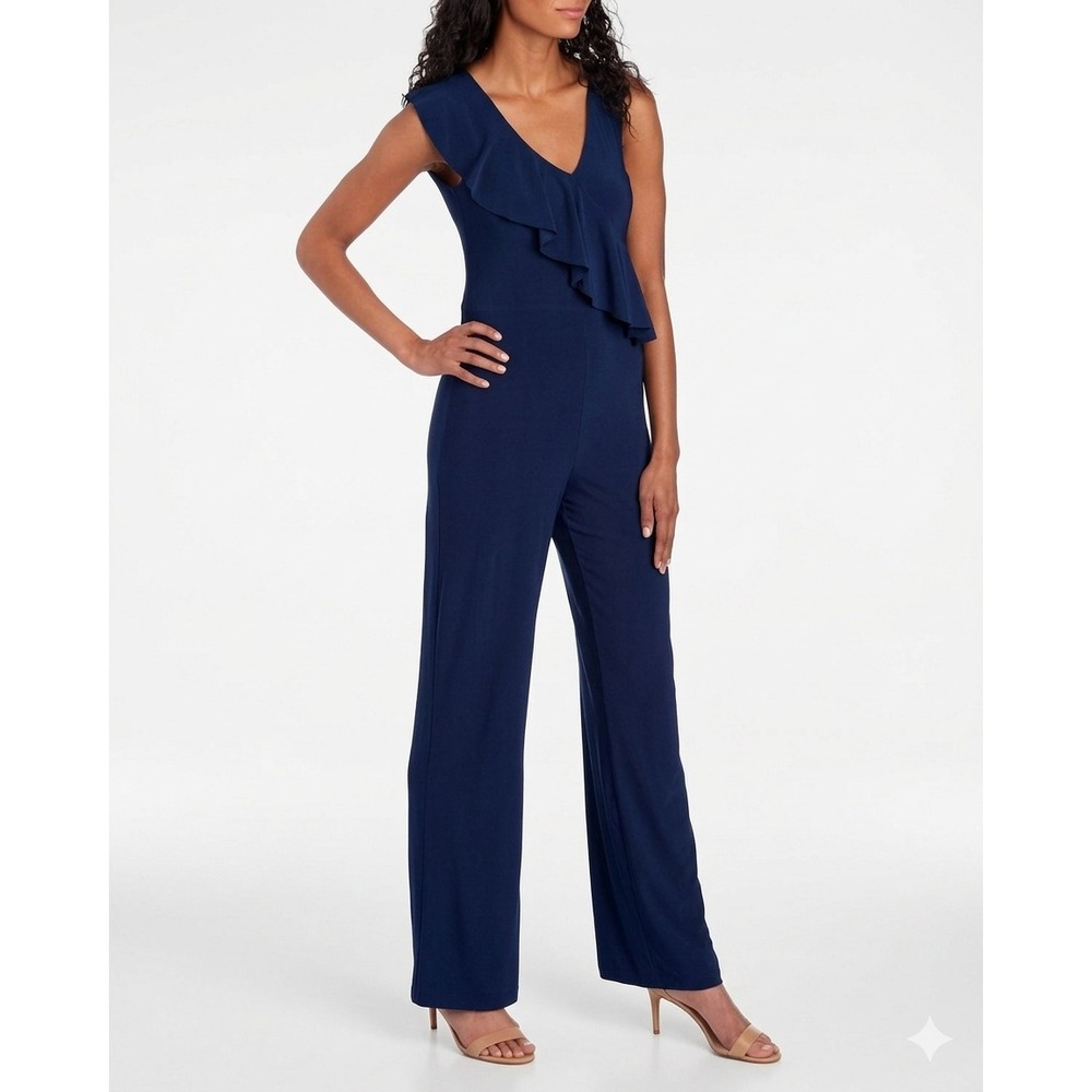 Bebe Jumpsuit Women Size 2โ Navy Blue Ruffle Wide Leg Sleeveless V-Neck Formal